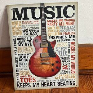 Vintage "Music Inspires Me" Metal Wall Art – Retro Guitar Decor